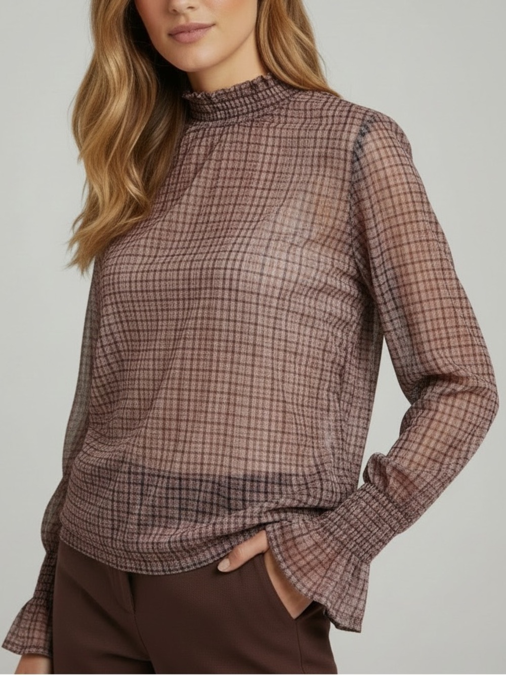 NWT ADRIANNA PAPELL Long Sleeve Plaid Shimmer Cami Lined Sheer Blouse Size Small